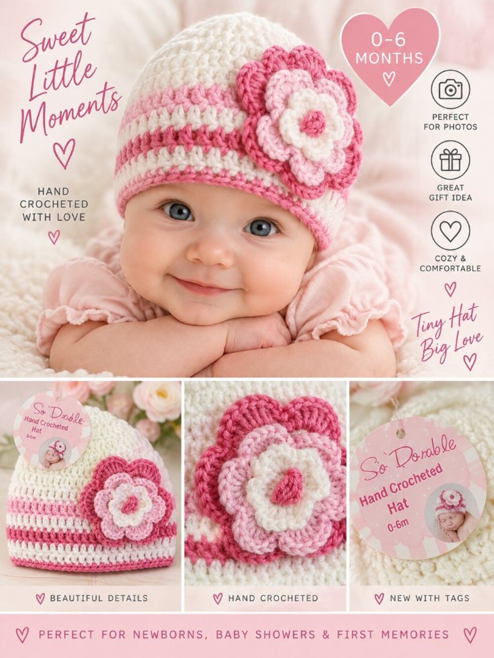 Baby Girl Crochet Hat 0-6M Pink White Flower Beanie Newborn Photo Prop NWT